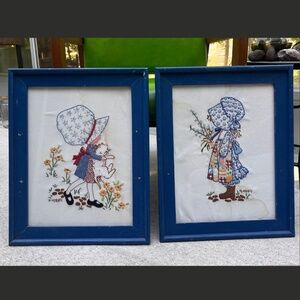 Two Vintage 1968 Holly Hobbie Framed Embroidered Needlepoint Artwork